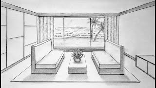 How to draw a living room in one point perspective for beginners [upl. by Yeliak261]