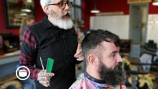 Master Barber Demonstrates a Great Style for Thin Hair with Beard Trim [upl. by Alexi643]