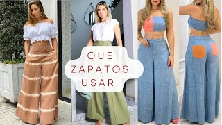 PANTALONES PALAZZO MODA MUJER ZAPATOS QUE DEBE USAR CON PANTALONES PALAZZO BAJOS  ALTOS PLANOS [upl. by Ydur]