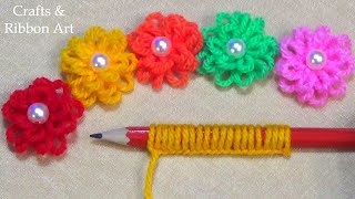 Super Easy Woolen Flower Making Ideas with Pencil  Hand Embroidery Amazing Trick  DIY Yarn Flowers [upl. by Agace227]