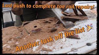 S02E58 cabin prep and toe rail repairs completed boat boatrenovation boatbuilding diy [upl. by Bonnee]