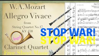 Allegro Vivace Clarinet Quartet Free Sheet Music DL MozartString Quartet No17 quotJagdquot [upl. by Adnylem]