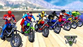 SPIDERMAN MOTORBIKES Racing Challenge With SUPERHEROES Motos Jump Over The Mega Lake Ramp  GTA 5 [upl. by Navlys]