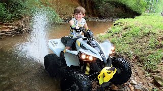 Kids ATV 4 Wheeler riding in the creek for outdoor fun  Off Road Adventures  Playing in the mud [upl. by Viccora]