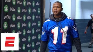 Terry Rozier arrives to Game 1 of 76ers vs Celtics in Drew Bledsoe jersey  ESPN [upl. by Ramgad]