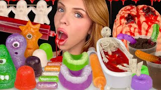 ASMR MUKBANG Halloween Treats Edible Blood Worms N Dirt Marzipan Monsters Brain Jello Food 먹방 [upl. by Millian]