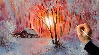 Acrylic Landscape Painting  Winter Sunset  Satisfying Art  Зимний пейзаж акрилом Уроки рисования [upl. by Ezar578]