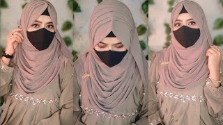 Cute 🥰 Hijab Styles With Layers  Very Easy And Stylish Layer Hijab Tutorial With Mask [upl. by Emmery]