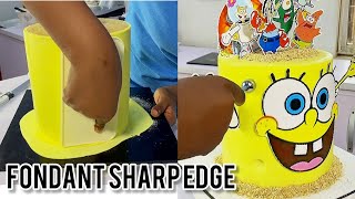 HOW TO ACHIEVE SHARP EDGE ON FONDANT CAKE  SpongeBob Cake [upl. by Neeleuqcaj518]