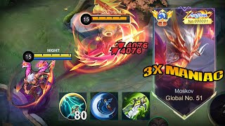 WTF DAMAGE GLOBAL MOSKOV BEST 1 HIT BUILD 2024 3X MANIAC recommended build and emblem  MLBB [upl. by Roumell]