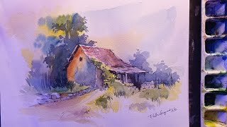 Watercolor landscape tutorial for beginners  Landscape painting [upl. by Ahsatsan]