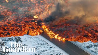 Iceland lava engulfs road forcing Blue Lagoon to close [upl. by Leuams]