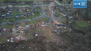 WHAS11s Sky11 Drone An overhead look at Kentucky tornado damage in Bowling Green [upl. by Ecidnarb]