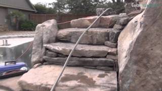 Natural Stone Stairway with Boulders up to a Rooftop Garden above Grotto Waterfalls for Pool Design [upl. by Fairfield]