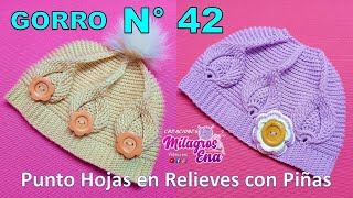 Como tejer el Gorro N° 42 a crochet MODELO 3 coletero en punto HOJAS EN RELIEVES CON PIÑAS [upl. by Merwin]