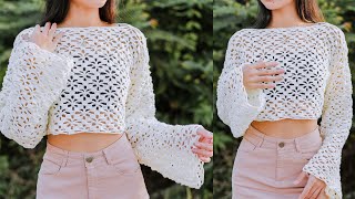 Crochet Floral Lace Sweater Tutorial  Crochet Floral Lace Blouse  Chenda DIY [upl. by Arrat]