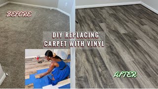 DIY VINYL FLOORING  HOW TO REPLACE CARPET WITH VINYL  EASY amp AFFORDABLE TRANSFORMATION [upl. by Ayrad]