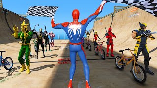 Hard Bikekour Spiderman and Wolverine Deadpool BMX challenge GTA V Superheroes mods [upl. by Mccarthy519]