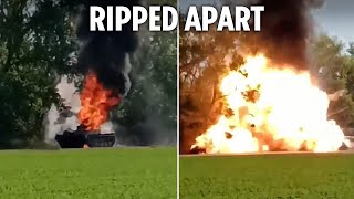 Colossal blast as flaming Russian armoured vehicle explodes after being disabled in Ukrainian ambush [upl. by Renruojos264]