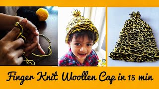 DIY Woollen Cap in 15 min Finger Knitting Method  Quicky Crafts [upl. by Silvester]