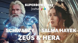 Super Bowl 2022  Schwarzenegger amp Salma Hayek sont Zeus amp Hera [upl. by Ailb]