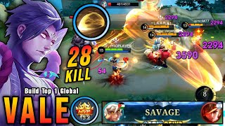 SAVAGE  28 Kills New Vale One Hit Build and Emblem  Build Top 1 Global Vale  MLBB [upl. by Ainod]