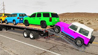 Double Flatbed Trailer Truck vs Speedbumps Train vs Cars  Tractor vs Train BeamngDrive 28 [upl. by Atse516]