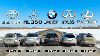 Infiniti FX35 vs BMW X5 vs Lexus RX 400h vs Mercedes ML350 vs Toyota Highlander 35  DRAG RACE [upl. by Ruperta]