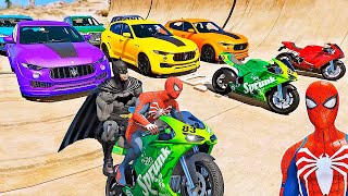 CARROS e MOTOS com HOMEM ARANHA e SUPER HERÓIS Desafio de Super Carros e MOTOS na Rampa  IR GAMES [upl. by Elletnuahc559]