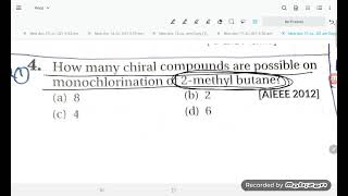 how many chiral compounds are possible on monochlorination of 2 methyl butane [upl. by Nonnahsal]