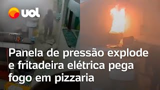 Caos em pizzaria panela de pressão explode e fritadeira pega fogo em MG vídeo flagra momento [upl. by Draneb]