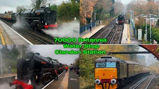 ‘70000 Britannia’ at Clandon Station for a Water Stop on the Bath Christmas Express [upl. by Notlil827]