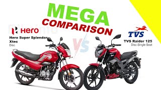 Hero Super Splendor Xtec vs TVS Raider 125  MEGA COMPARISON bikeinfo199 bikecompare [upl. by Anahsirk]