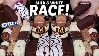 ASMR MILK amp WHITE CHOCOLATE RACE ZEBRA CAKE MINI MAGNUM TIRAMISU CUPS MILKA OREO FERRERO 먹방 [upl. by Shippee831]