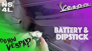 Battery and Oil Dipstick Location  VESPA AT NEW SCOOTERS 4 LESS [upl. by Casabonne221]