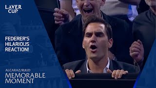 Roger Federer Reacts to Ruuds Winner amp Shelton Falling Over  Laver Cup 2024 [upl. by Arahs]