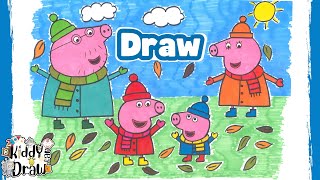 How to Draw Peppa Pig Family on an Autumn Day – Easy Step By Step [upl. by Idnym]