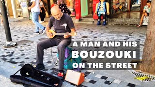 Man Playing BOUZOUKI GREEK MUSIC on the Streets of Thessaloniki Greece  Greek Folk Music Instrument [upl. by Annanhoj667]