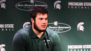 Watch as Jack Allen Jack Conklin talk Lucas Oil Stadium team growth Mark Dantonio and massages [upl. by Anauqahc]