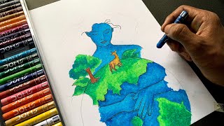 Mother Earth Oil Pastel  How to draw mother nature  Tutorial [upl. by Ayiak]