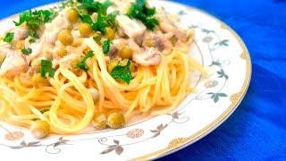 Spaghetti z groszkiem i pieczarkami  Jak zrobic  Smakowite Dania [upl. by Dahc]