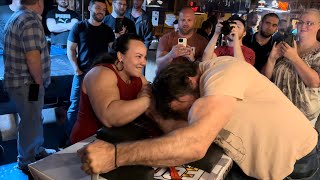 Devon Larratt amp Gabriela Vasconcelos armwrestling fun times devonlarratt eastvswest johnbrzenk [upl. by Cybil]