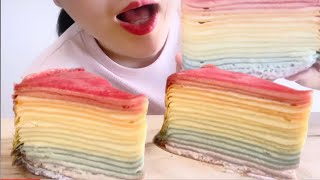 SUB ASMR RAINBOW CREPE CAKE EATING SOUNDS 虹のクレープケーキ 크레이프 케이크 NO TALKING MUKBANG [upl. by Prudence]