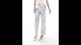 ASOS DESIGN Petite Faux Leather Straight Leg Trousers Pants Shiny Silver Women  Asos [upl. by Herzog]