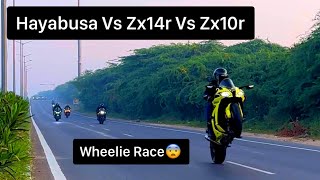 Ninja Zx10r vs Hayabusa vs Zx14r Street Race  Wheelie rce on highway😱 [upl. by Aihsilef]