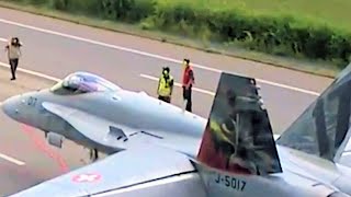 SWISS FA18 Hornets ROAD Work 05 June 2024 on A1 highway between Avenches amp Payerne in Switzerland [upl. by Kassie641]