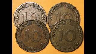 Germany 10 Pfennig Coins 1950 Collection of Mint Marks [upl. by Chabot]