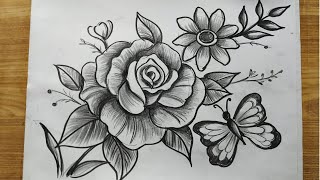 how to draw flowers amp butterfly with pencil sketchrose flower drawingbutterfly drawing [upl. by Sylado537]