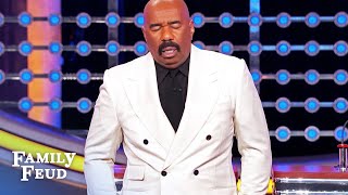 Steve Harvey throws his card at answer 5 [upl. by Denbrook]