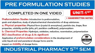 preformulation studies complete  Unit 1  industrial pharmacy 5th semester  Carewell Pharma [upl. by Eliot]